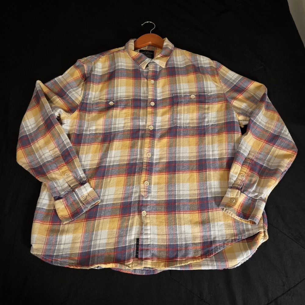 Lucky Brand Shirt Mens XL Yellow Plaid Flannel Saturday Stretch Button Up Casual